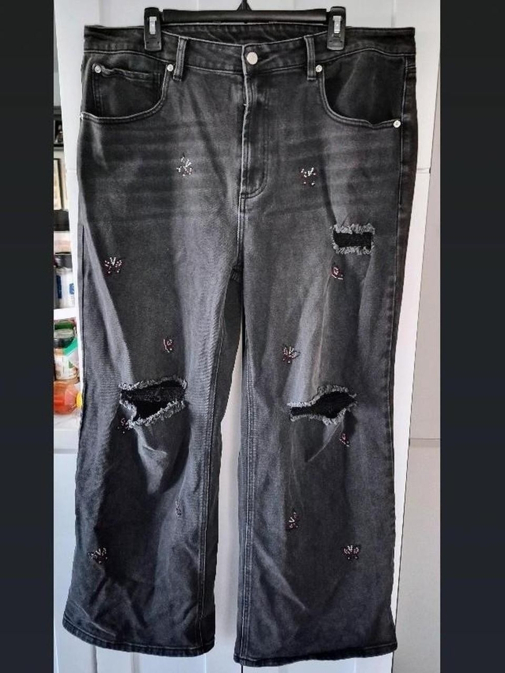 No Boundaries Black Distressed Wide Leg Jeans with Subtle Embroidery